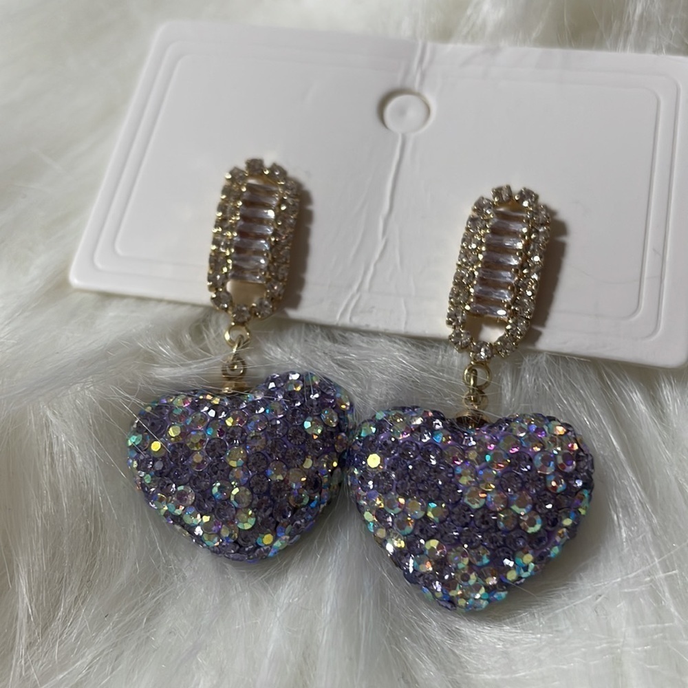 Purple Heart Rhinestone Drop Earrings - Picture 7 of 12